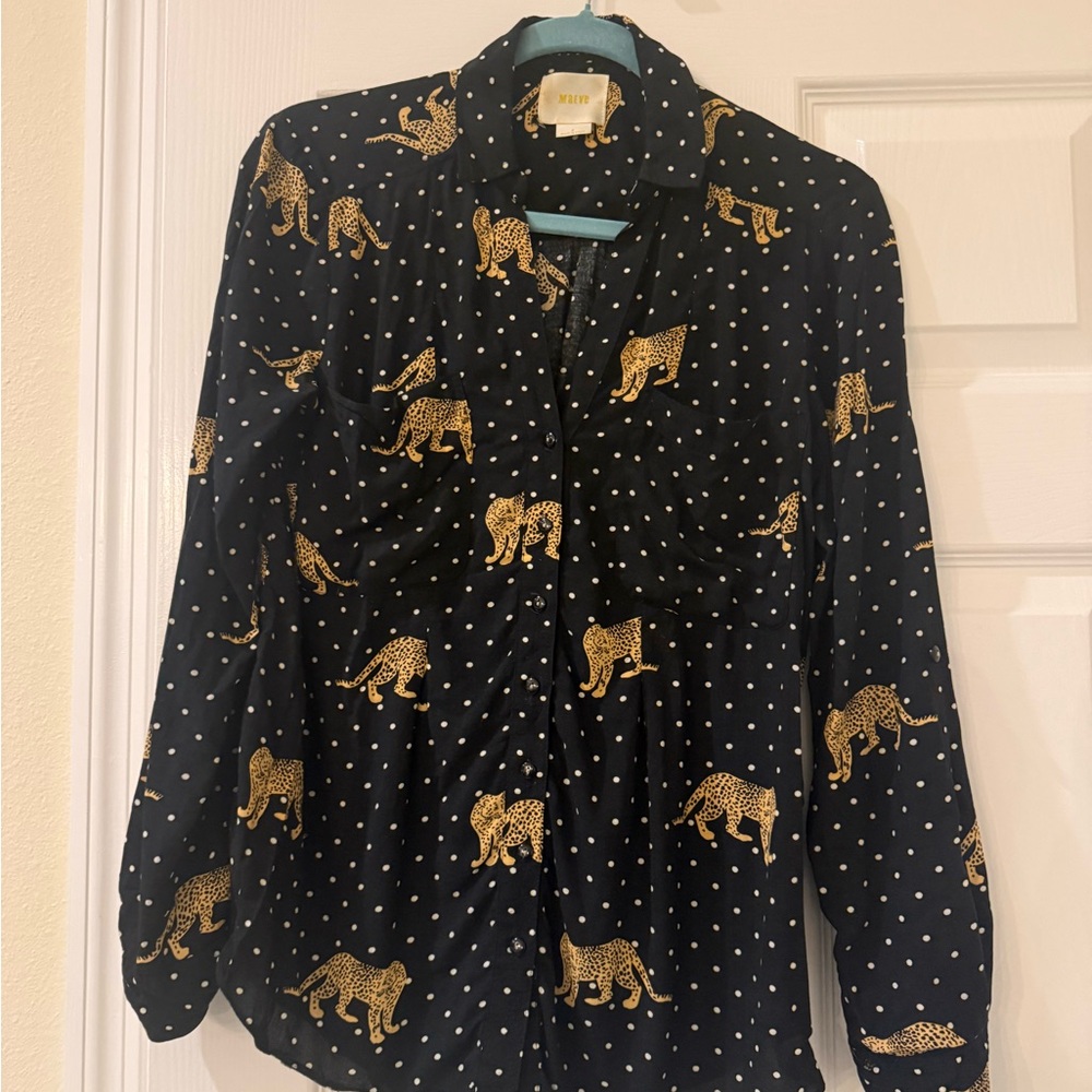 Anthropologie Maeve Black Blouse with Gold Leopard and White Polka Dots